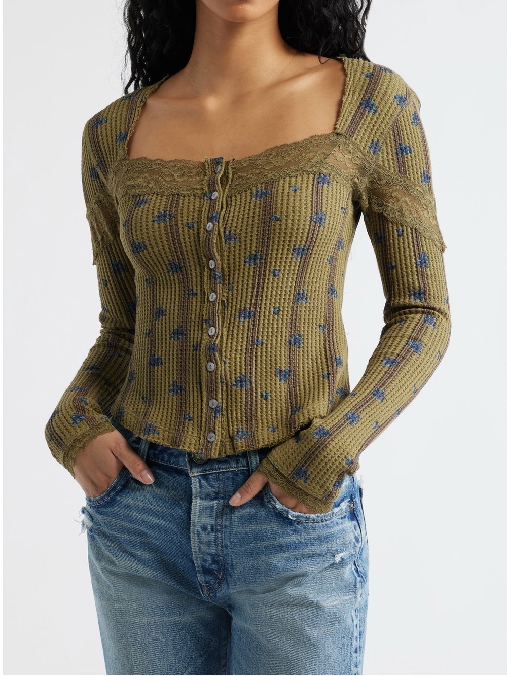 FREE PEOPLE Let's Party Cardigan Beehive Combo - Size XS - Waffle Knit Lace Top